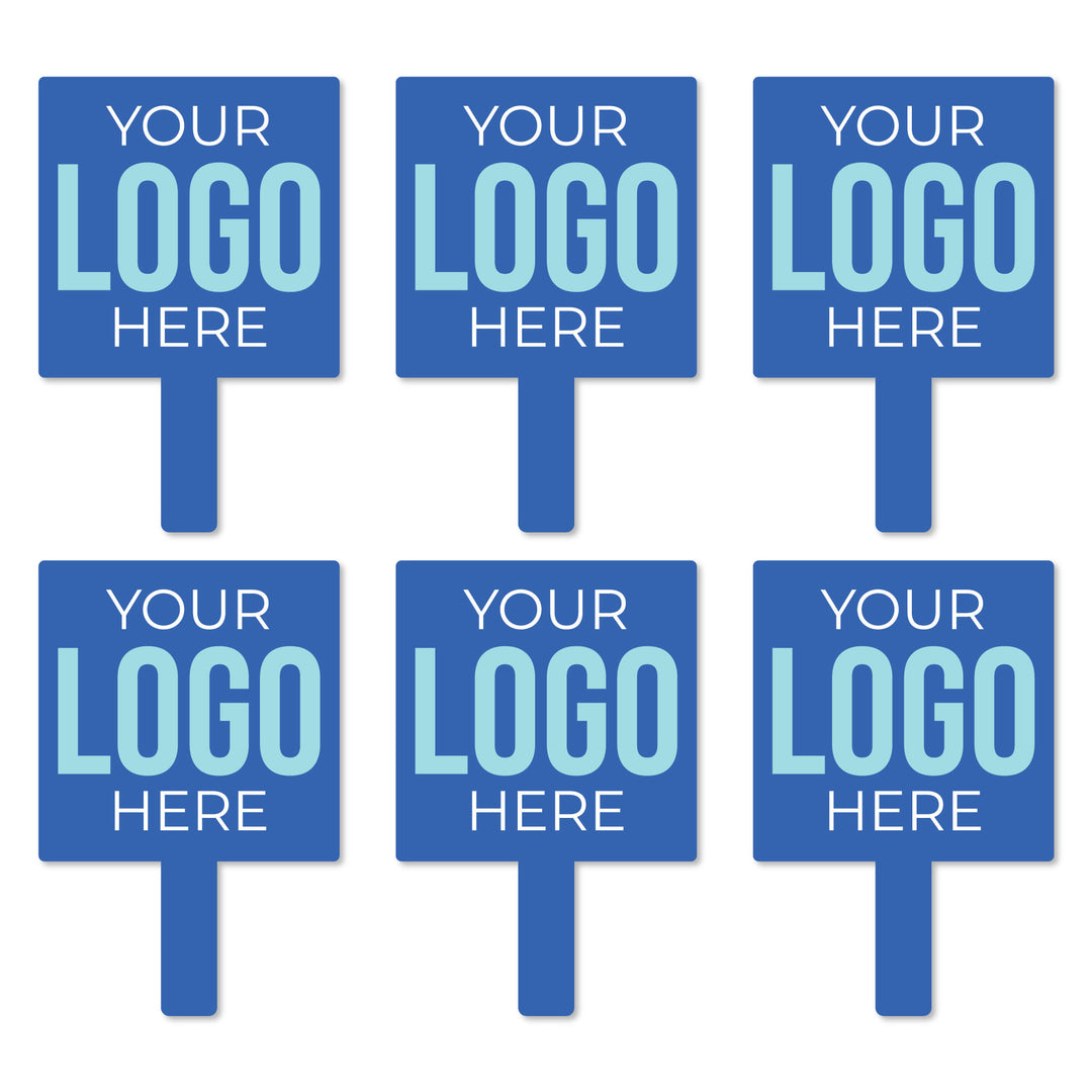A set of six blue custom logo paddles with text placeholder saying 'YOUR LOGO HERE', designed for use as photo booth props.
