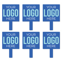 A set of six blue custom logo paddles with text placeholder saying 'YOUR LOGO HERE', designed for use as photo booth props.