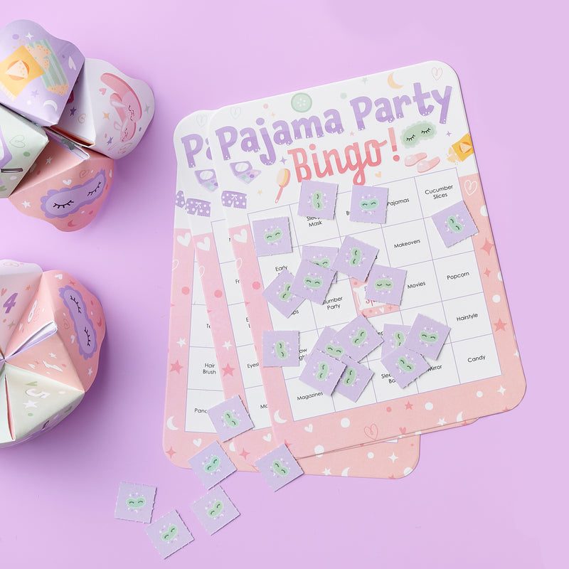 Pajama Slumber Party - Bingo Cards and Markers - Girls Sleepover Birthday Party Bingo Game - Set of 18