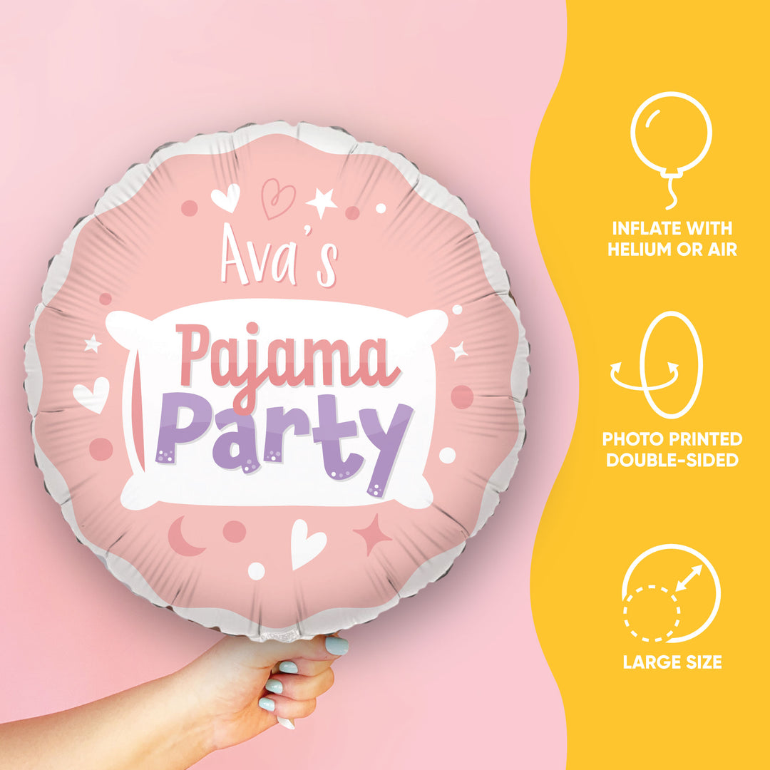Pink balloon with 'Ava's Pajama Party' text held by a hand on a pink and yellow background.