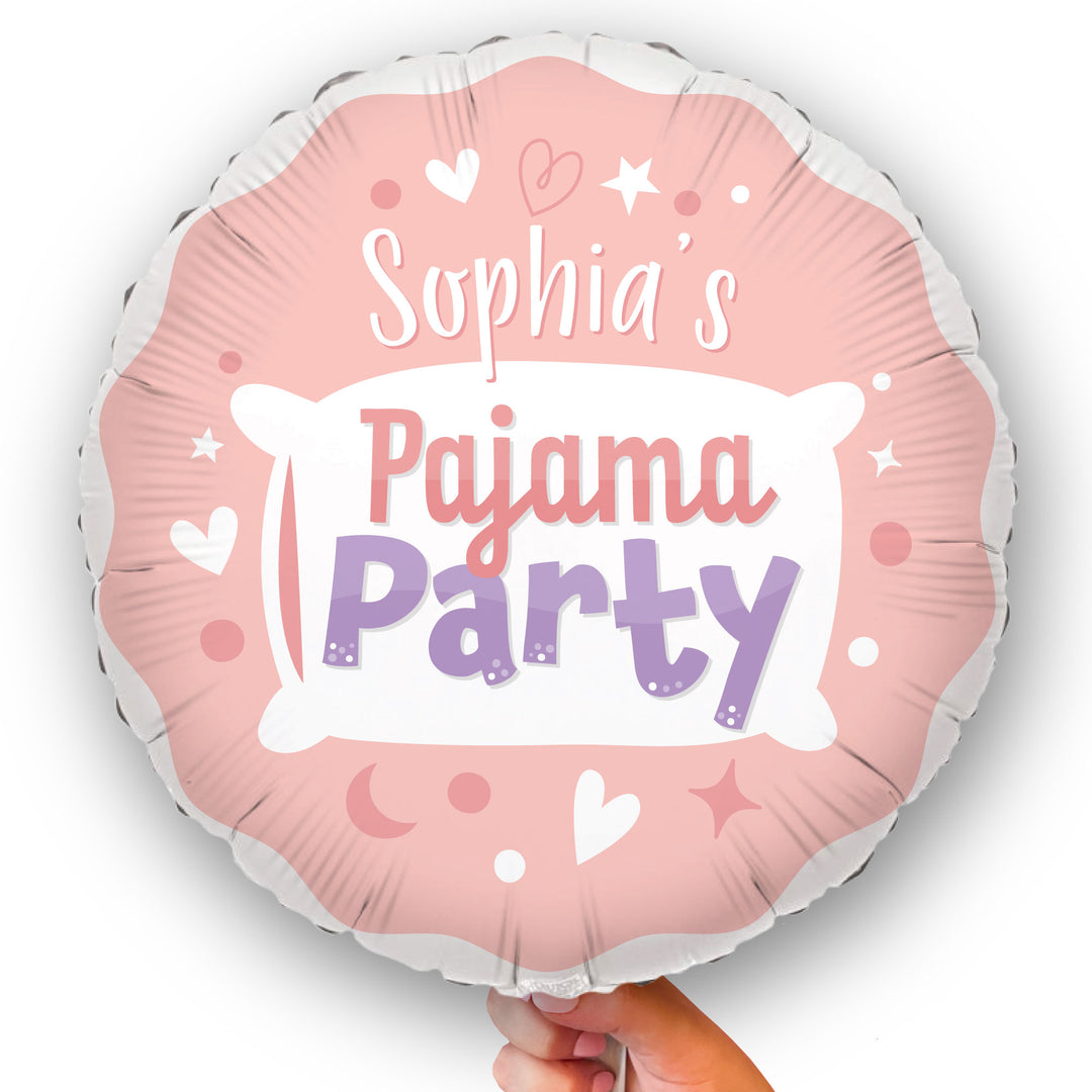Custom Pink balloon with 'Sophia's Pajama Party' text on a white background