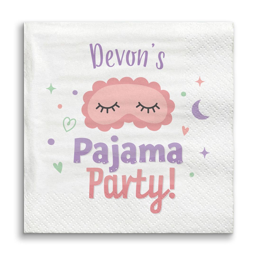 Party napkin with 'Devon's Pajama Party!' text and cloud design on a white background