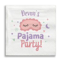 Party napkin with 'Devon's Pajama Party!' text and cloud design on a white background