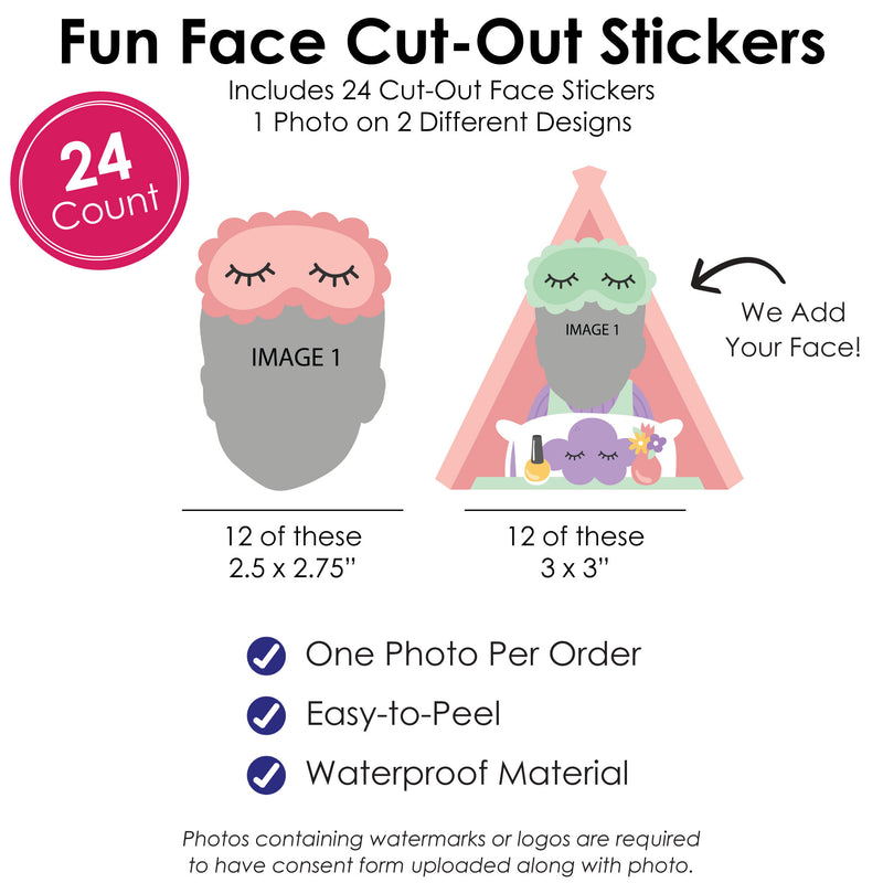 Custom Photo Pajama Slumber Party - Girls Sleepover Birthday Party Favors - Fun Face Cut-Out Stickers - Set of 24