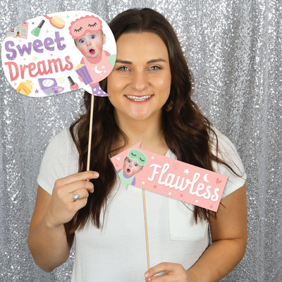 Custom Photo Funny Pajama Slumber Party - Girls Sleepover Birthday Party Fun Face Photo Booth Props Kit - 10 Piece