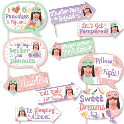 Custom Photo Funny Pajama Slumber Party - Girls Sleepover Birthday Party Fun Face Photo Booth Props Kit - 10 Piece