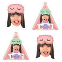 A set of four custom photo face cut-outs depicting a smiling girl with a sleeping face and a cartoonish design, each with a party-themed makeover.