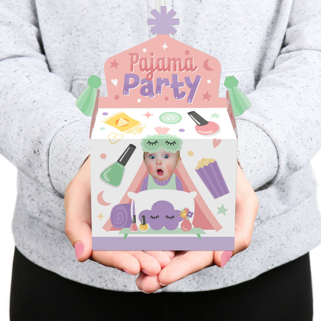 Custom Photo Pajama Slumber Party - Girls Sleepover Birthday Treat Box Party Favors - Fun Face Goodie Gable Boxes - Set of 12