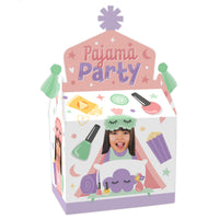 A set of 12 flat, cardstock party favor boxes for children's pajama slumber parties, with a space for a custom photo, illustrated with party-themed graphics like pillows, drinks, and makeup.