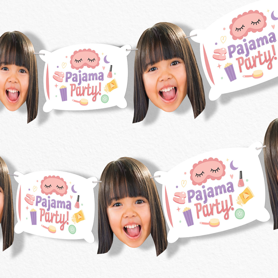 Bunting banner with faces & 'Pajama Party!' text on a white background
