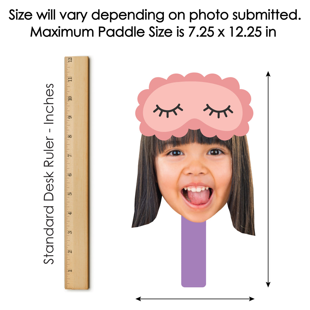 Custom Photo Pajama Slumber Party - Girls Sleepover Birthday Party Head Cut Out Photo Booth and Fan Props - Fun Face Cutout Paddles - Set of 6