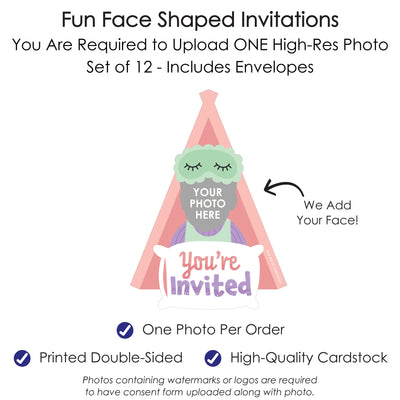 Custom Photo Pajama Slumber Party - Girls Sleepover Birthday Party Fun Face Shaped Fill-In Invitation Cards with Envelopes - Set of 12