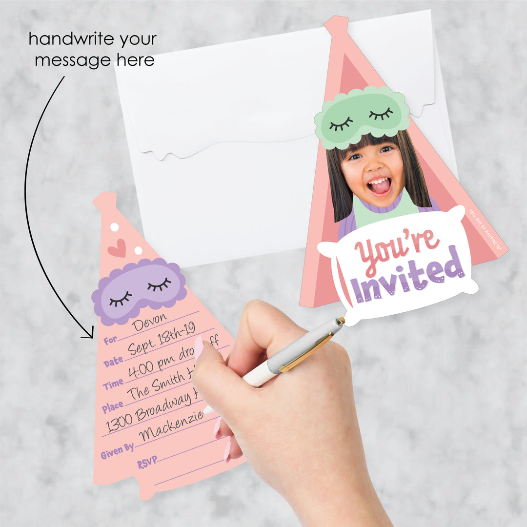 Custom Photo Pajama Slumber Party - Girls Sleepover Birthday Party Fun Face Shaped Fill-In Invitation Cards with Envelopes - Set of 12