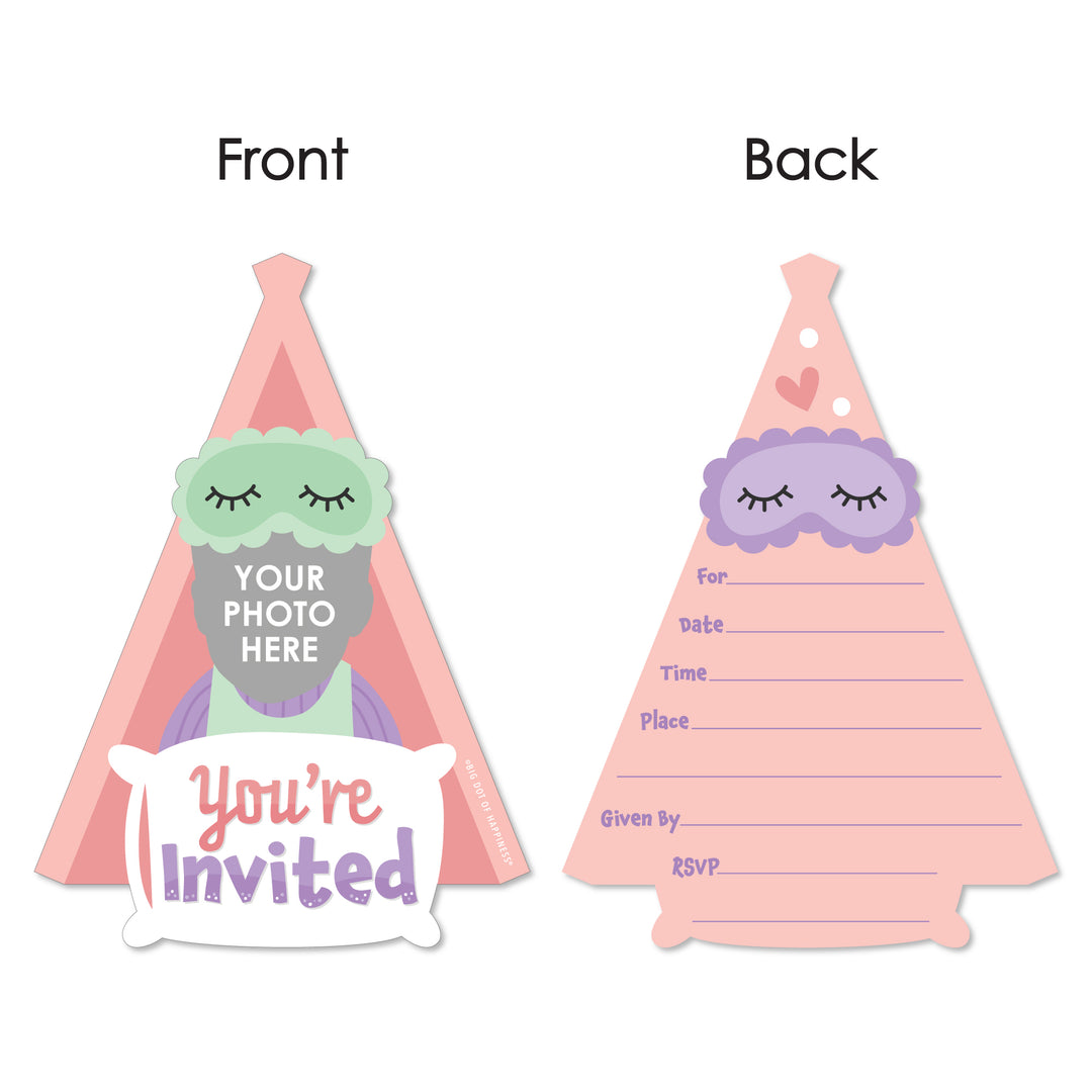 Custom Photo Pajama Slumber Party - Girls Sleepover Birthday Party Fun Face Shaped Fill-In Invitation Cards with Envelopes - Set of 12