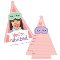 Custom photo pajama slumber party invitation card with a cut-out for a photo, shown with a girl's face on the front, and a solid pink back with space for text. The card is accompanied by a white envelope.