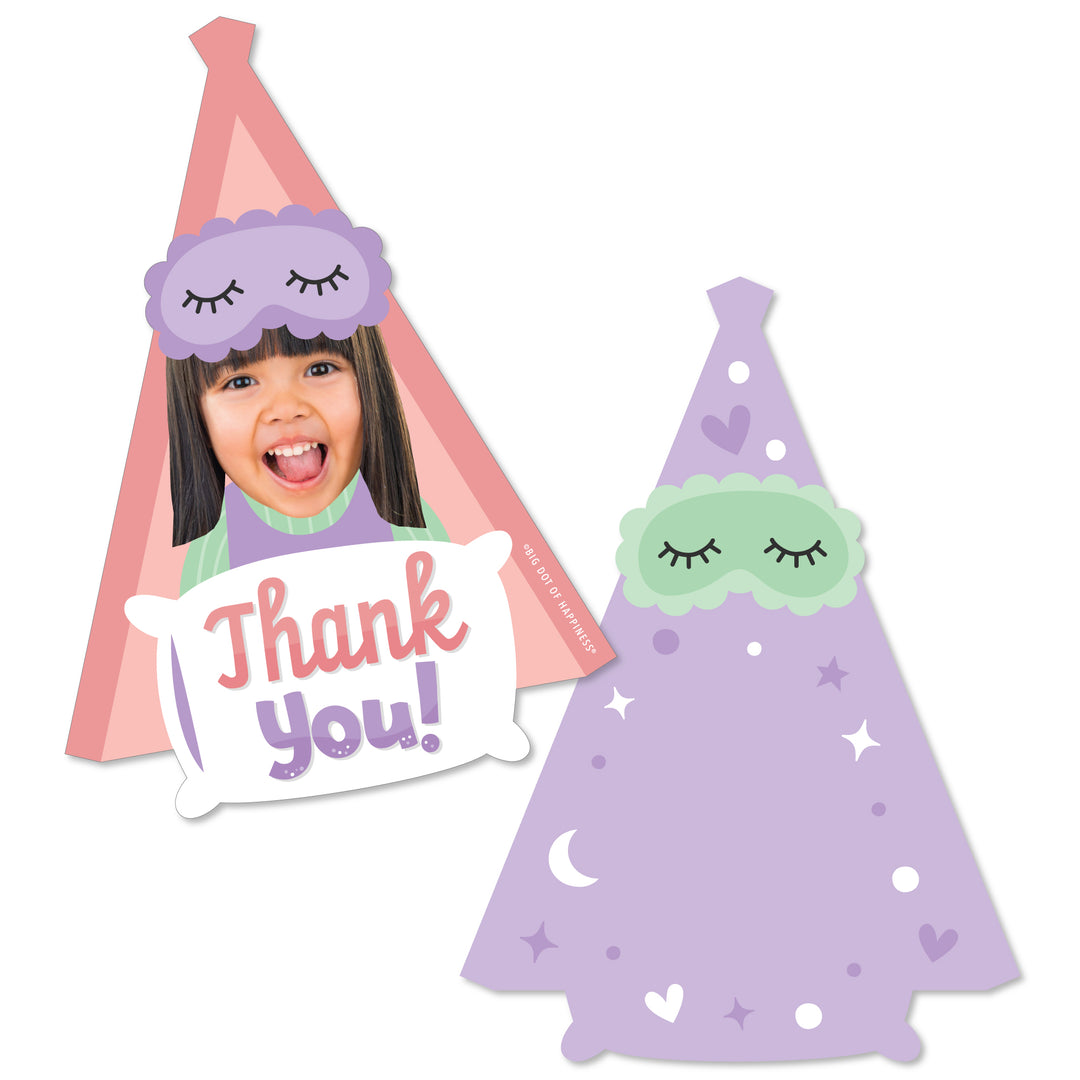 A set of personalized thank you cards shaped like a tent with a 'Thank You' message on one side and a space for a photo upload. The card is pink with purple accents and has stars and a 'Thank You' text visible.