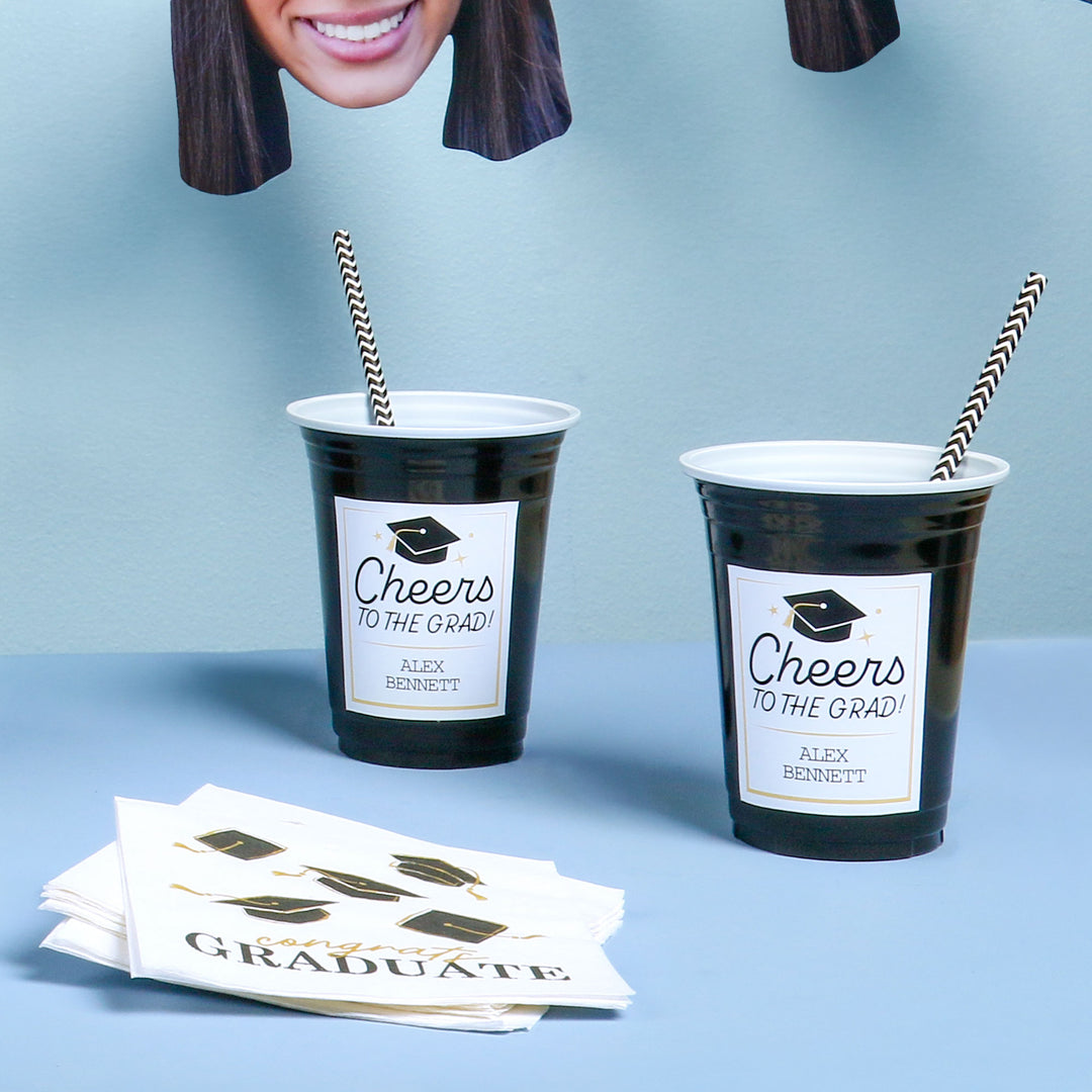 Custom Text Party Cups - Black and Gold Graduation - 16 Ct