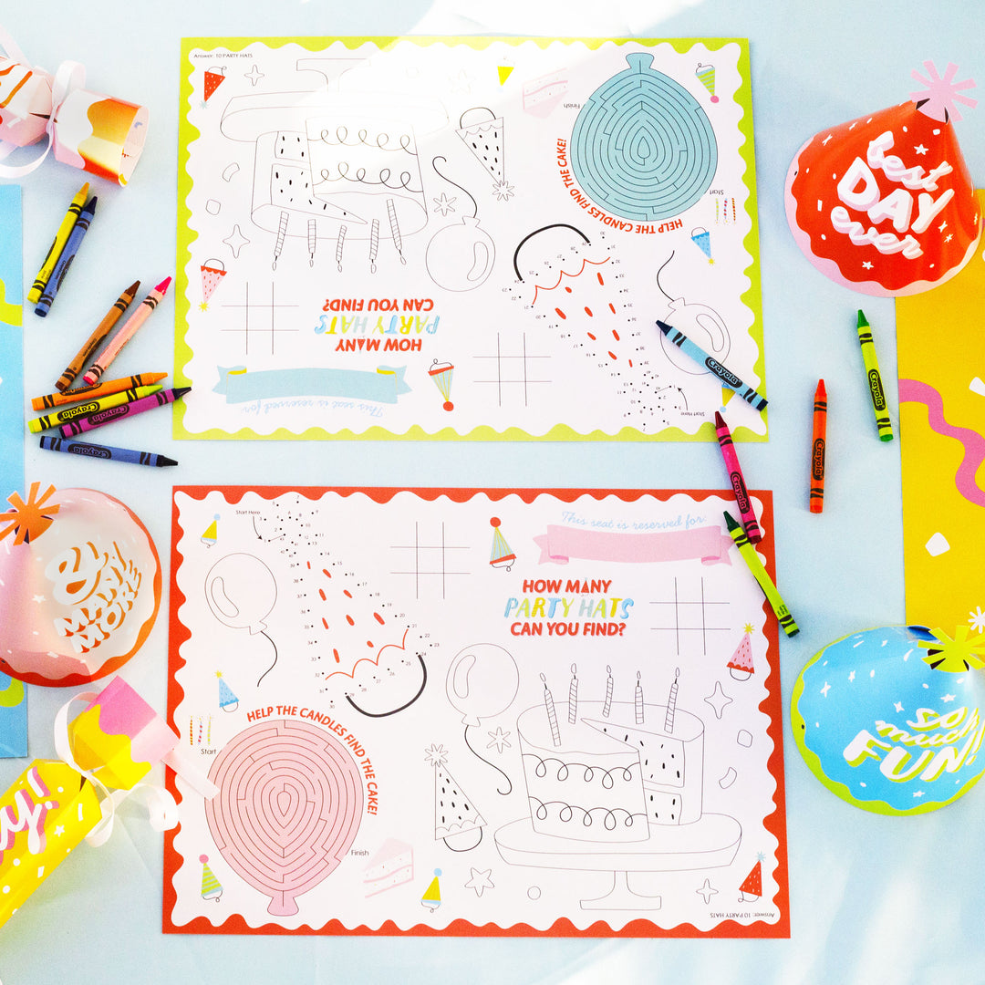 Party Time - Paper Happy Birthday Party Coloring Sheets - Activity Placemats - Set of 16