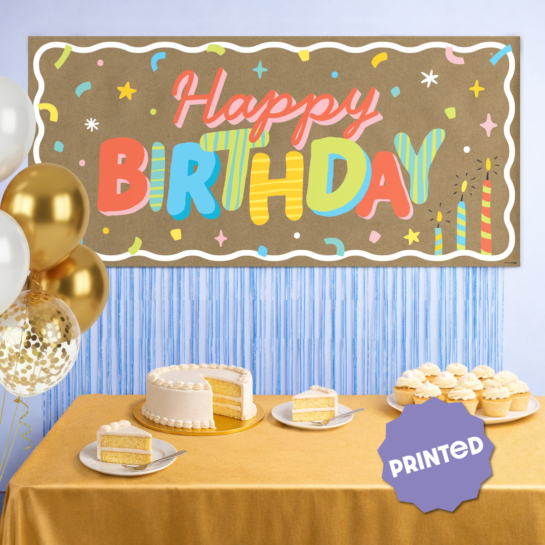 Birthday party setup with colorful kraft banner