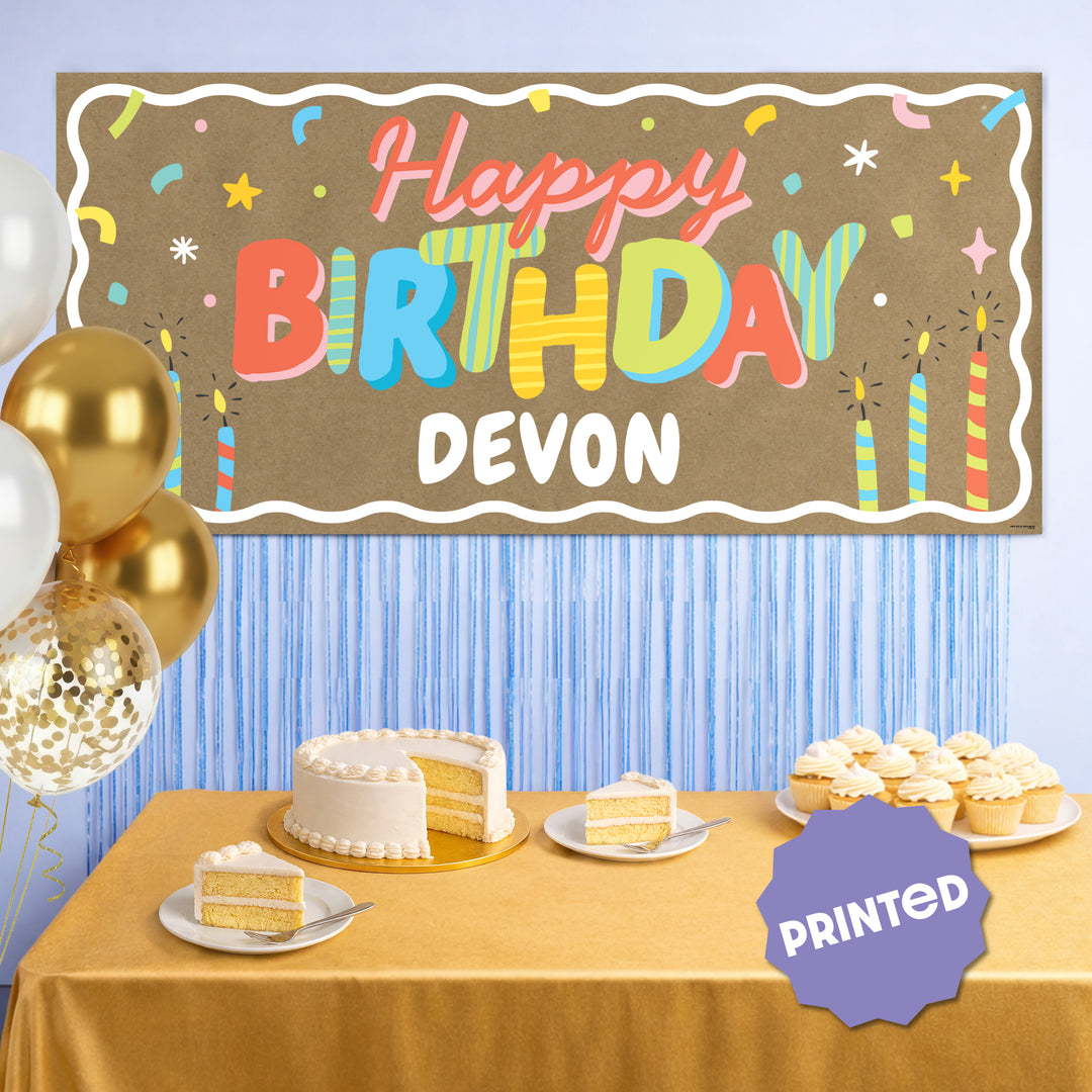 Kids birthday party backdrop with kraft banner