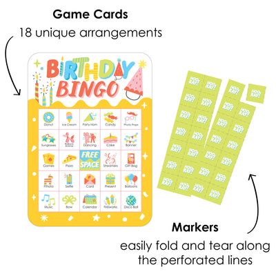 Party Time - Picture Bingo Cards and Markers - Happy Birthday Party Bingo Game - Set of 18