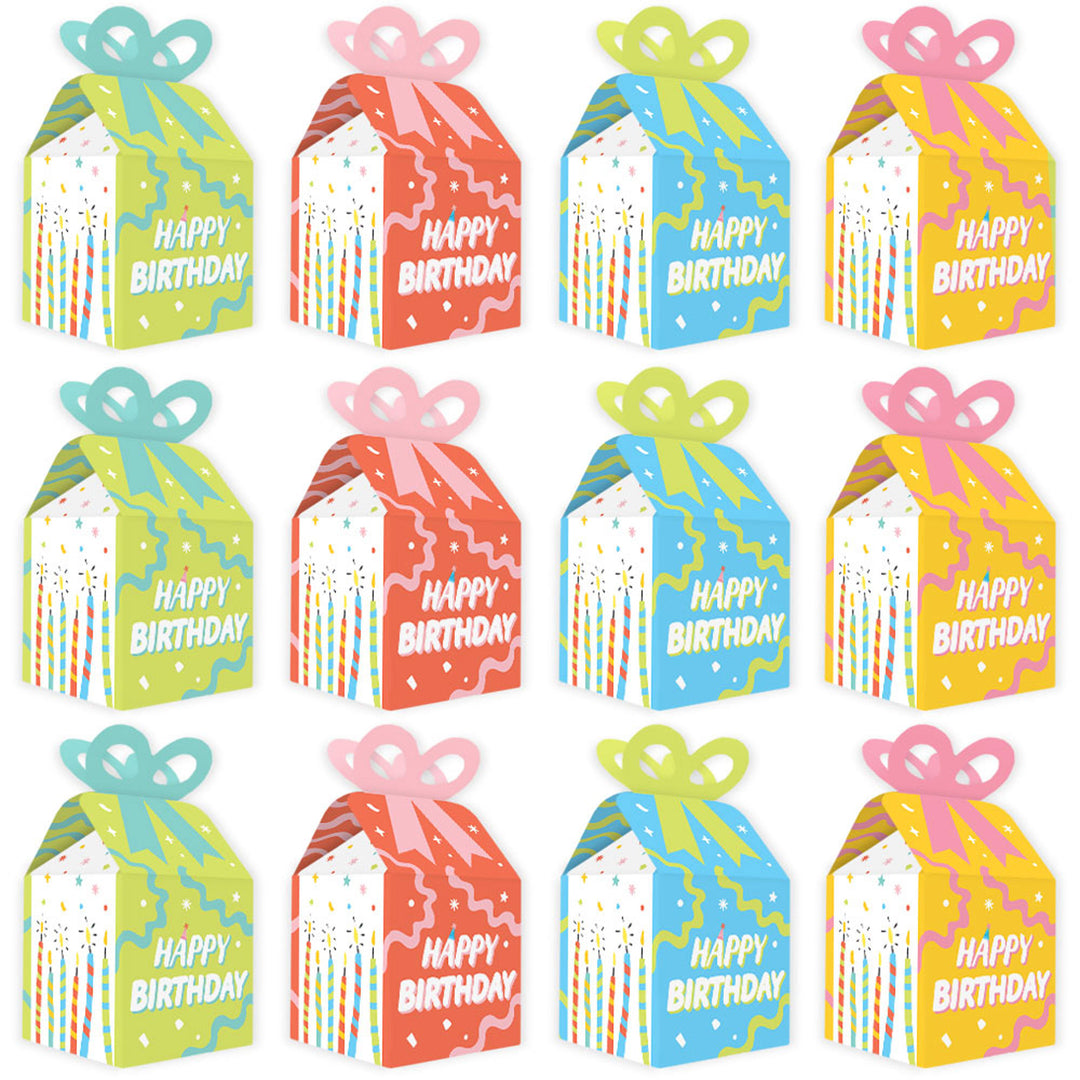 Party Time - Square Favor Gift Boxes - Happy Birthday Party Bow Boxes - Set of 12