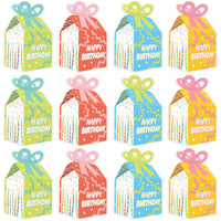 Party Time - Square Favor Gift Boxes - Happy Birthday Party Bow Boxes - Set of 12
