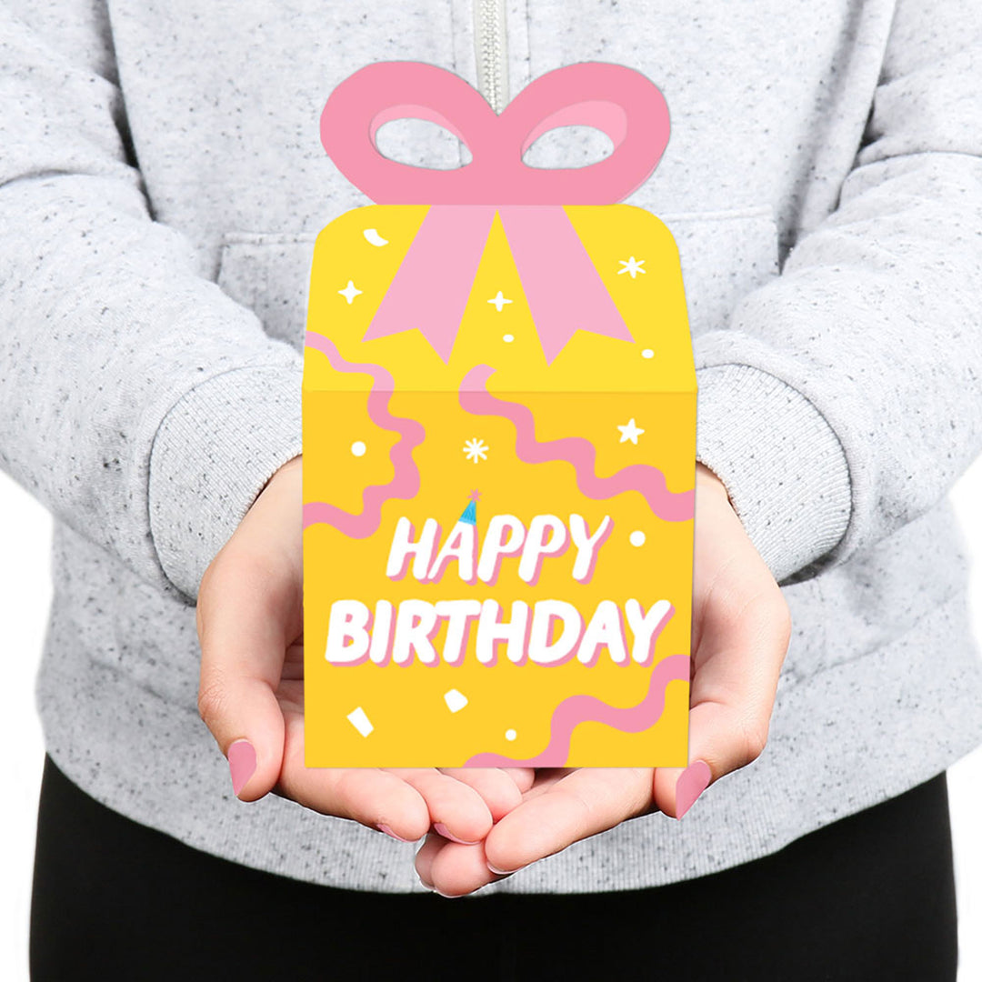 Party Time - Square Favor Gift Boxes - Happy Birthday Party Bow Boxes - Set of 12