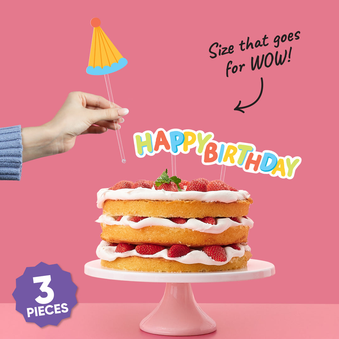 Three-piece colorful birthday cake topper set included