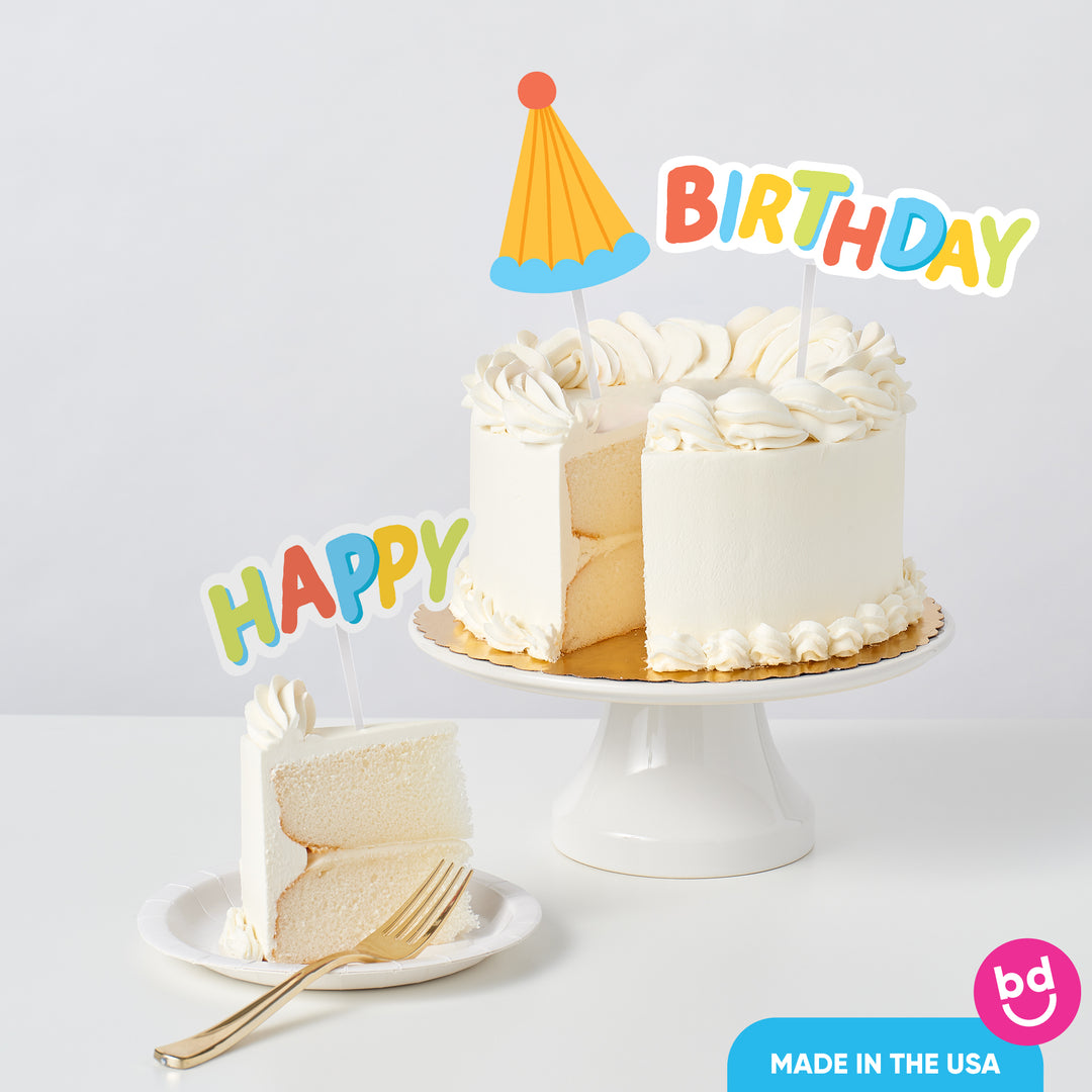 Birthday cake styled with Party Time toppers at celebration