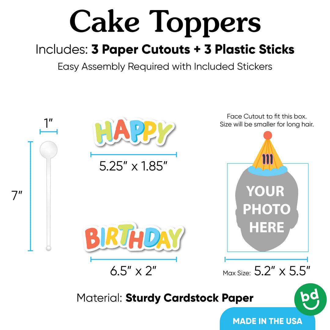 Three-piece colorful birthday cake topper set included