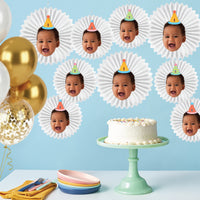 Custom photo birthday paper fans styled as party wall backdrop