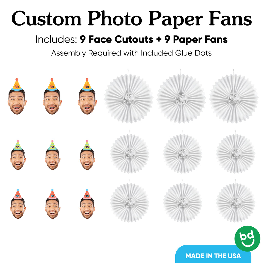 Set of 9 personalized birthday photo paper fans with glue dots included
