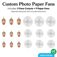 Set of 9 personalized birthday photo paper fans with glue dots included