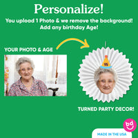 Close-up of custom face cutout with colorful birthday party hat