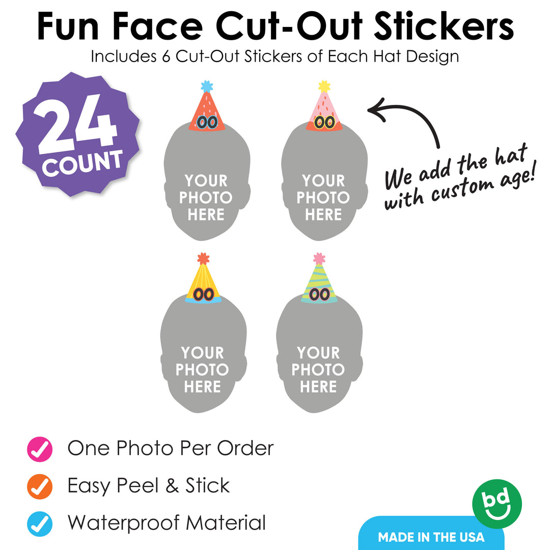 Custom Photo Party Time Fun Face Cut-Out Stickers - Set of 24