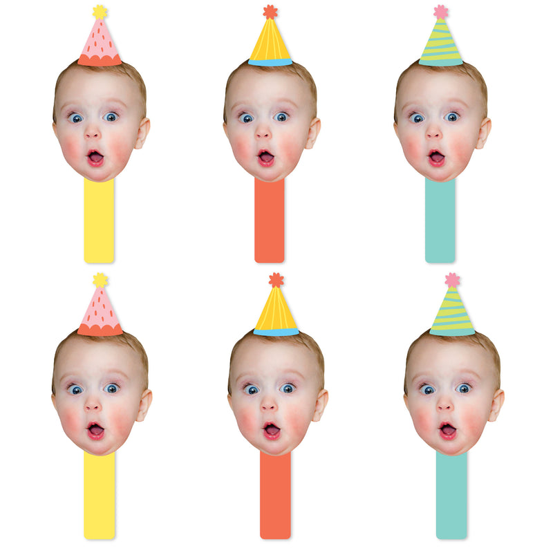 Custom Photo Party Time - Happy Birthday Party Head Cut Out Photo Booth and Fan Props - Fun Face Cutout Paddles - Set of 6