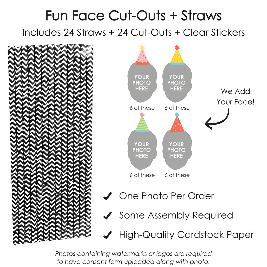 Custom Photo Party Time - Happy Birthday Party Fun Face Paper Straw Decor - Set of 24