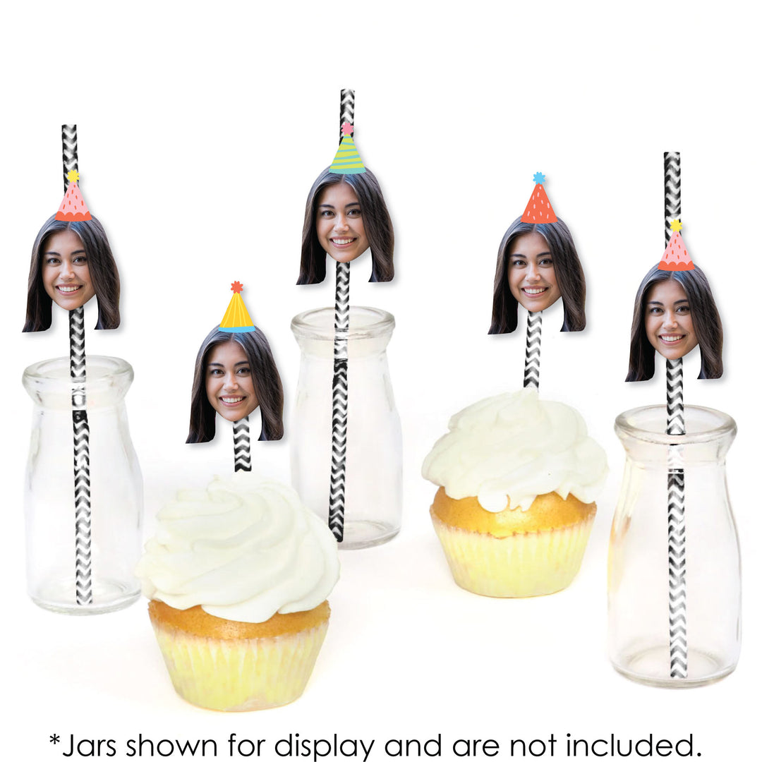 Custom Photo Party Time - Happy Birthday Party Fun Face Paper Straw Decor - Set of 24