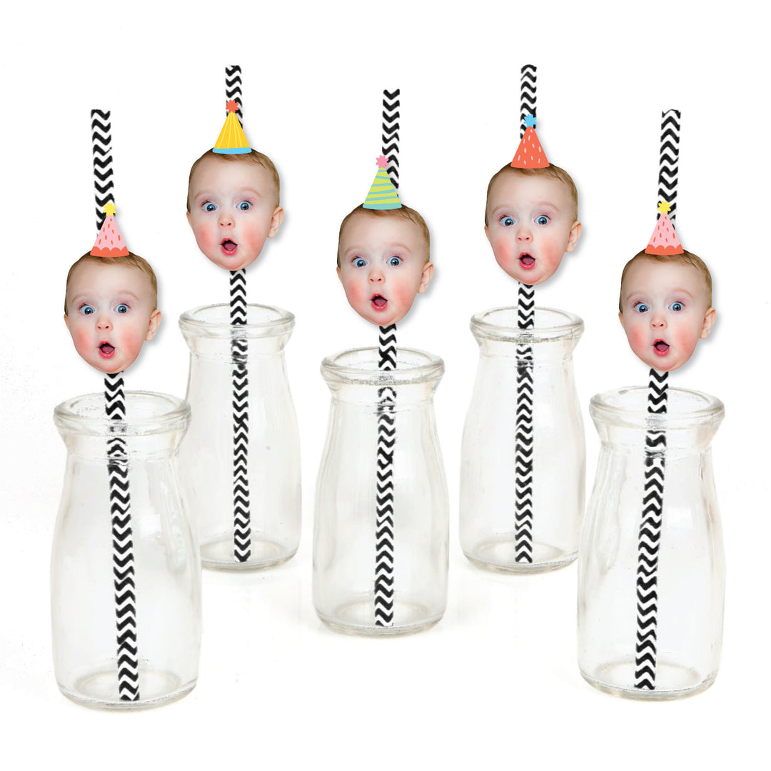 Custom Photo Party Time - Happy Birthday Party Fun Face Paper Straw Decor - Set of 24