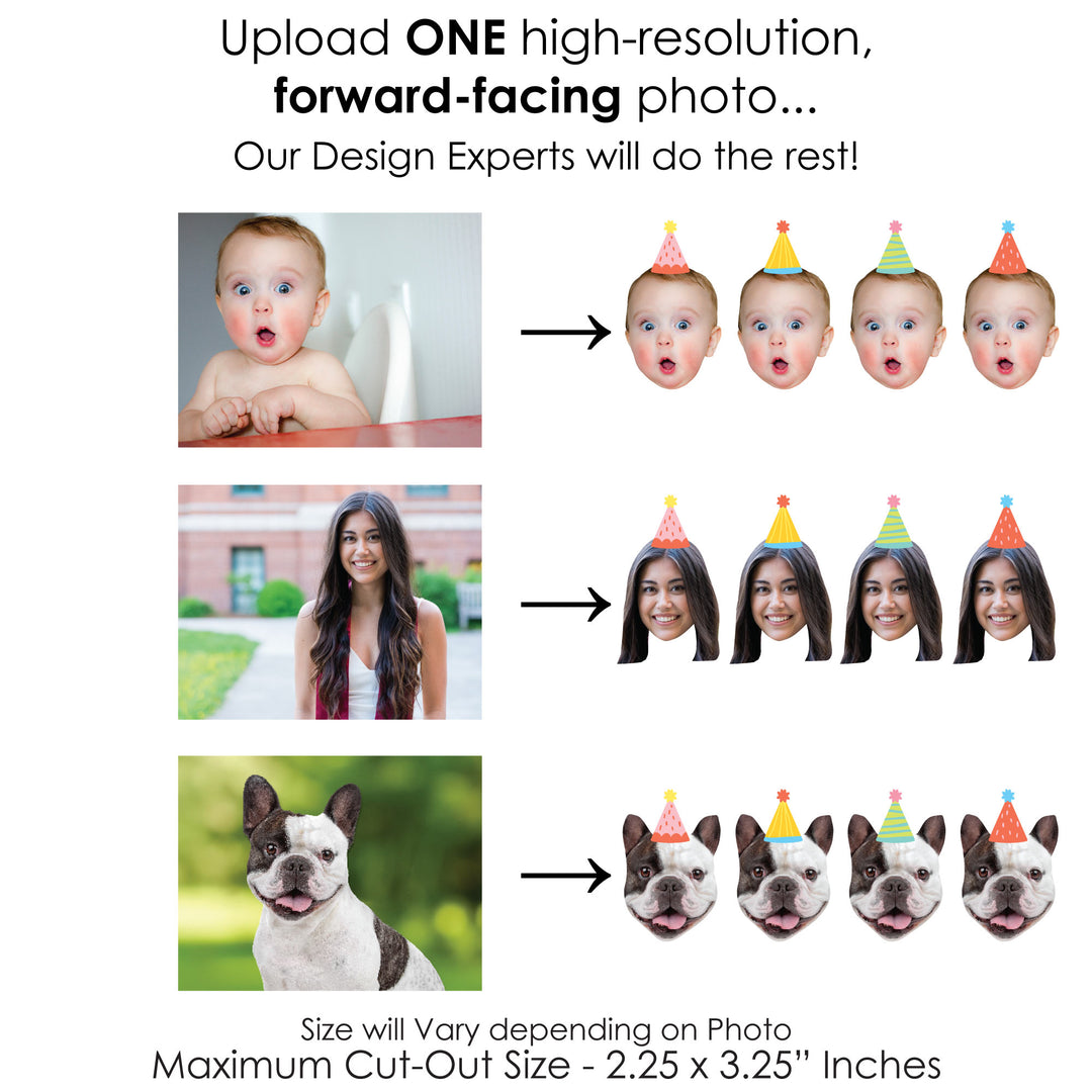 Custom Photo Party Time - Happy Birthday Party Dessert Cupcake Toppers - Fun Face Clear Treat Picks - Set of 24