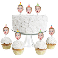 A set of personalized birthday cupcake toppers with a photo upload option, displayed on a cake and cupcakes.