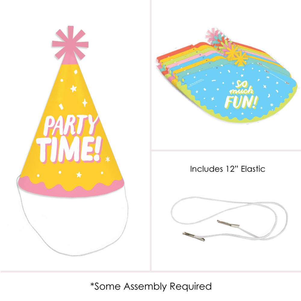 Party Time - Cone Happy Birthday Party Hats for Kids and Adults - Set of 8 (Standard Size)