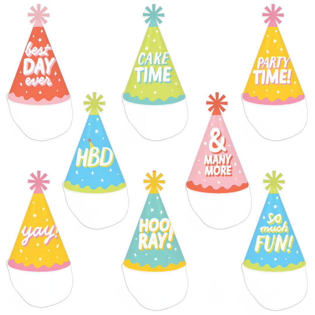 Party Time - Cone Happy Birthday Party Hats for Kids and Adults - Set of 8 (Standard Size)