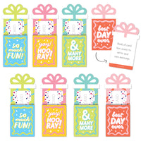 A collection of eight colorful gift card holders with various text and number designs, such as 'So much fun!' and 'Best day ever!' Each holder has a slot at the bottom for inserting money or a gift card, and a space on the back to write a personal message. Accompanied by eight white envelopes.