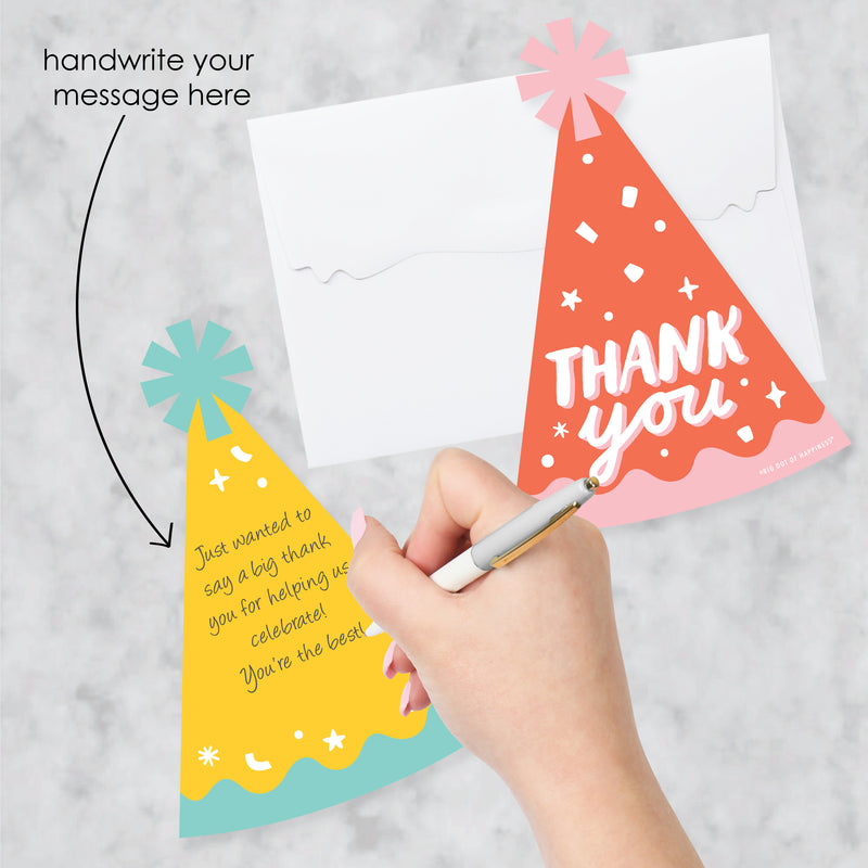 Party Time - Shaped Thank You Cards - Happy Birthday Party Thank You Note Cards with Envelopes - Set of 12