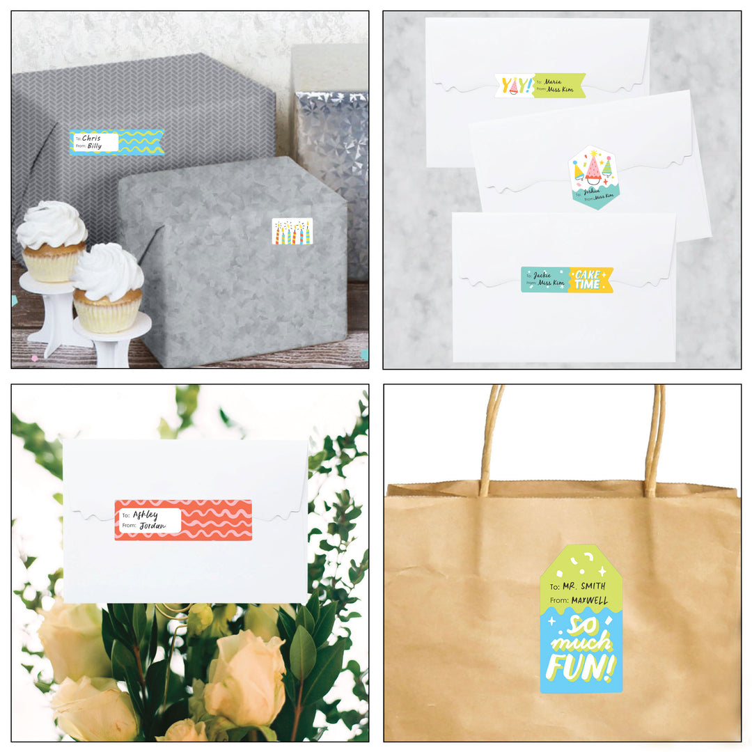 Party Time - Assorted Happy Birthday Party Gift Tag Labels - To and From Stickers - 12 Sheets - 120 Stickers