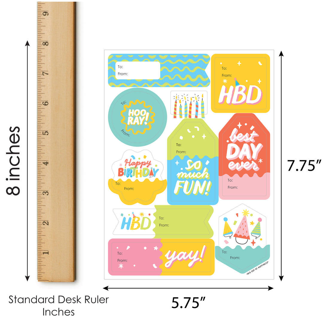 Party Time - Assorted Happy Birthday Party Gift Tag Labels - To and From Stickers - 12 Sheets - 120 Stickers