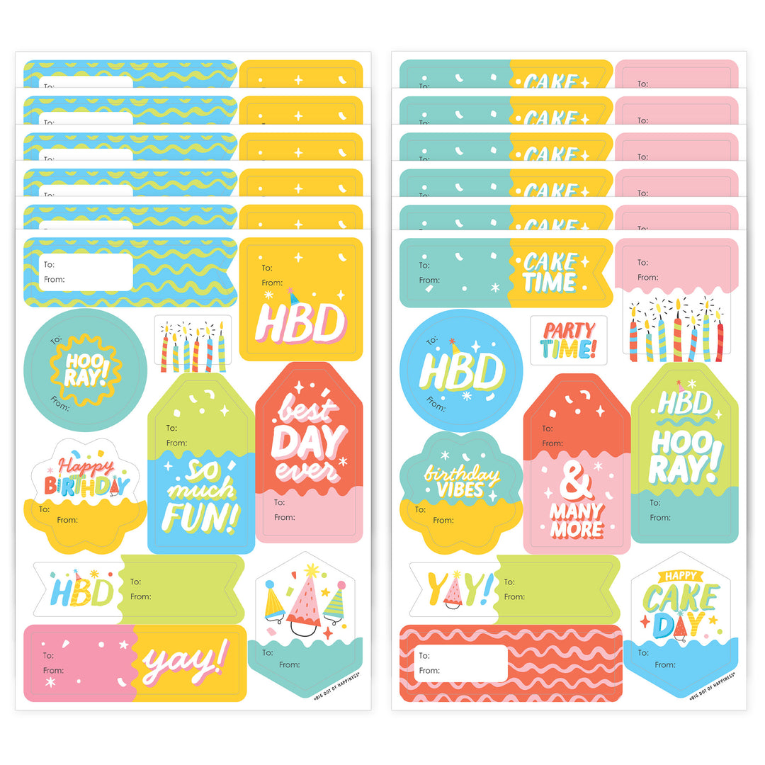 Party Time - Assorted Happy Birthday Party Gift Tag Labels - To and From Stickers - 12 Sheets - 120 Stickers
