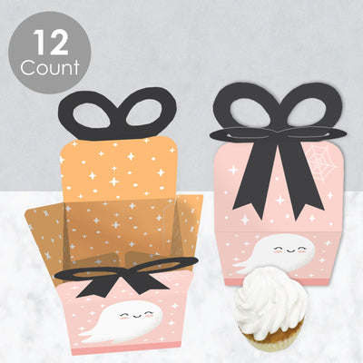 Pastel Halloween - Square Favor Gift Boxes - Pink Pumpkin Party Bow Boxes - Set of 12